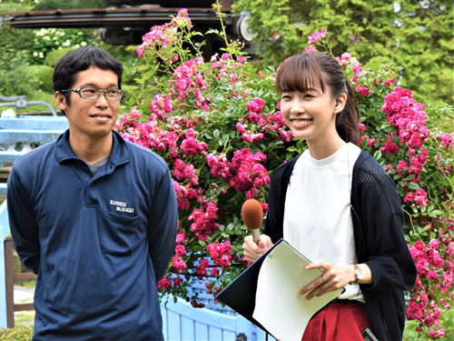 六甲山カンツリーハウスのローズウォークで取材レポートを行う津田明日香アナウンサー（写真：ラジオ関西）