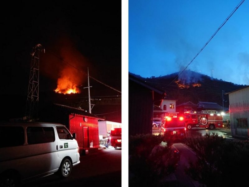 左：山焼きの際に延焼か、14日夜も燃え続けた　右：最初の119番通報から18時間近くたった15日午前も鎮火していない（いずれも写真は近隣住民提供）