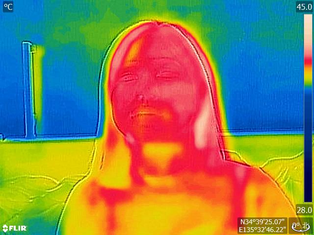 サーモグラフィカメラでの検証結果　約30℃の室温条件　マスク着用前（山本化学工業株式会社調べ）
