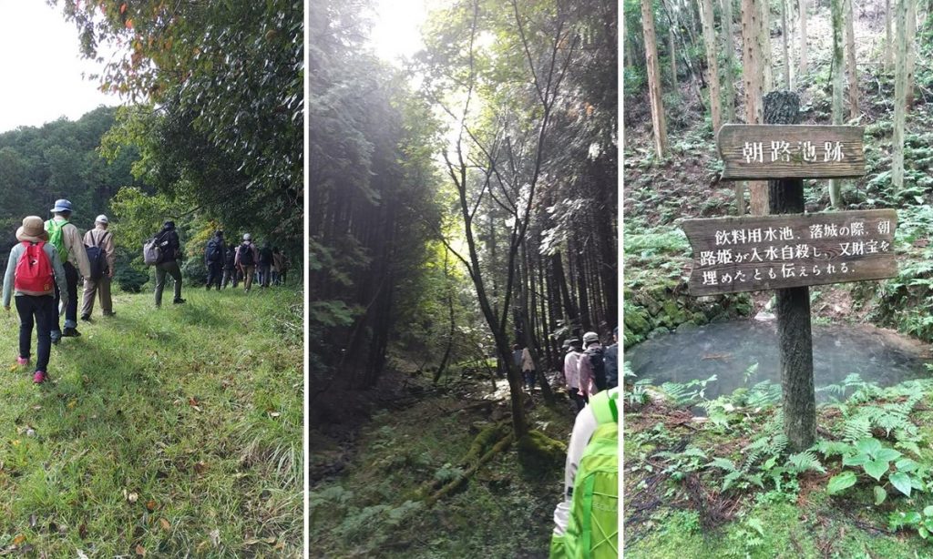 登山開始の様子（左）、谷筋を進む（中央）、朝路池跡（右）