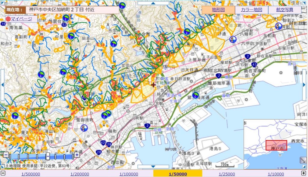 「兵庫県CGハザードマップ」に示される土砂災害警戒区域（神戸市中央区付近）