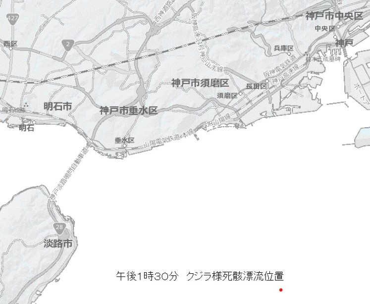 地図右下・赤色の点が海上での漂流位置＜※画像提供・神戸海上保安部＞