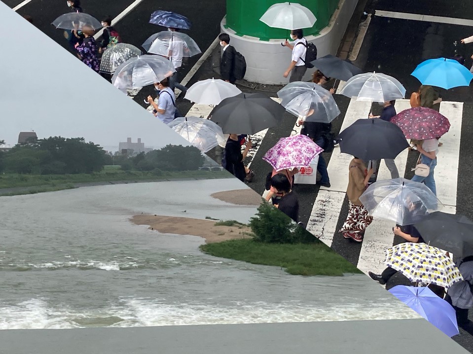 8月の停滞前線～傘をさす人々（大阪市内）と増水する武庫川（兵庫県）