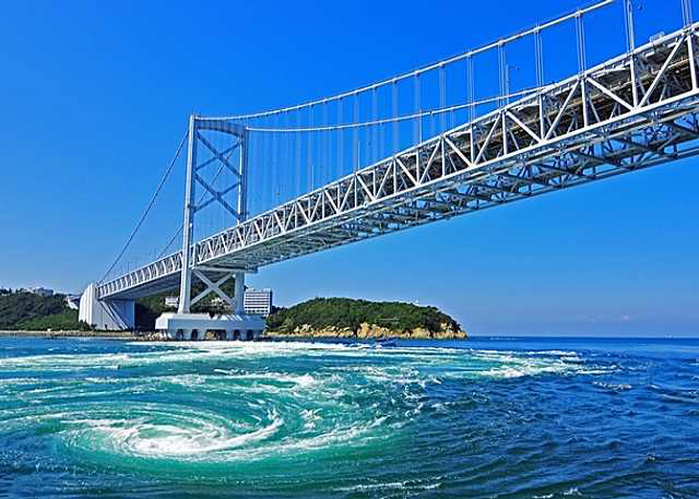 写真「渦潮と鳴門大橋（写真提供：徳島県大阪事務所）」