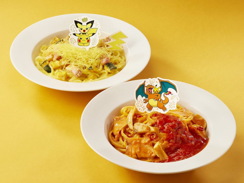 左から「ピカチュウとピチューのかぼちゃづくしクリームパスタ」（1870円）　「ピカチュウとリザードンの”かえんほうしゃ”トマトクリームパスタ」（1870円）　©2023 Pokémon. ©1995-2023 Nintendo/Creatures Inc./GAME FREAK inc. Developed by Creatures Inc.