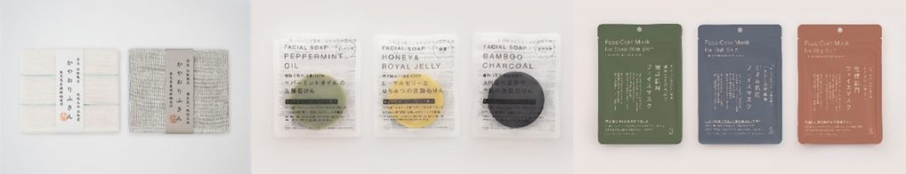 （左）奈良の老舗工場・白雪製　蚊帳生地のふきん（中）鳥取県進製作所とコラボレーションした「洗顔せっけん」（右）島根県出雲湯村の温泉水を使用した「フェイスマスク」