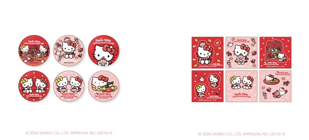 「缶バッジ」（ランダム6種）（605円）、「ステッカー」（ランダム6種）（605円）(C)2024 SANRIO CO., LTD. APPROVAL NO. L651619