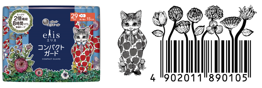 29cm 羽つき　正面パッケージと同じネコのイラストがバーコード部分にも描かれている。