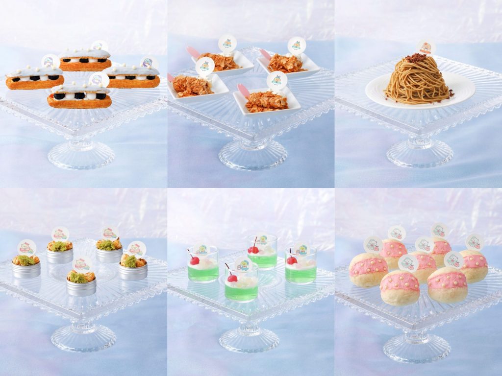 「とかげとにせつむりのエクレア」（上段左）、「えびふらいのしっぽ」（上段中央）、「とんかつのモンブラン」（上段右）、「ねことざっそうキャラメルポップコーン」（下段左）、「ぺんぎん？とたぴおかのゼリー」（下段中央）「しろくまとふろしきのマリトッツォ」（下段右）
