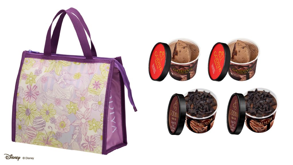 「120ml カップアイスクリーム4個 + ＜ラプンツェル＞ 保冷バッグセット」（全国の一部ゴディバショップ／2700円、ゴディバ オンラインショップ／3564円）