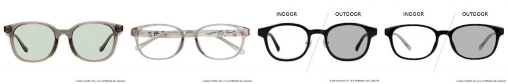 「はぴだんぶい モデル」左から、ZA251G30_11A1 サングラス（全4色 9900円）、ZA251031_11A1 メガネ（全4色 7700円）、ZA251G32_14E1 調光サングラス（全2色・EC限定 1万2200円）、ZA251G31_14E1 調光サングラス（全2色・EC限定 1万1100円）