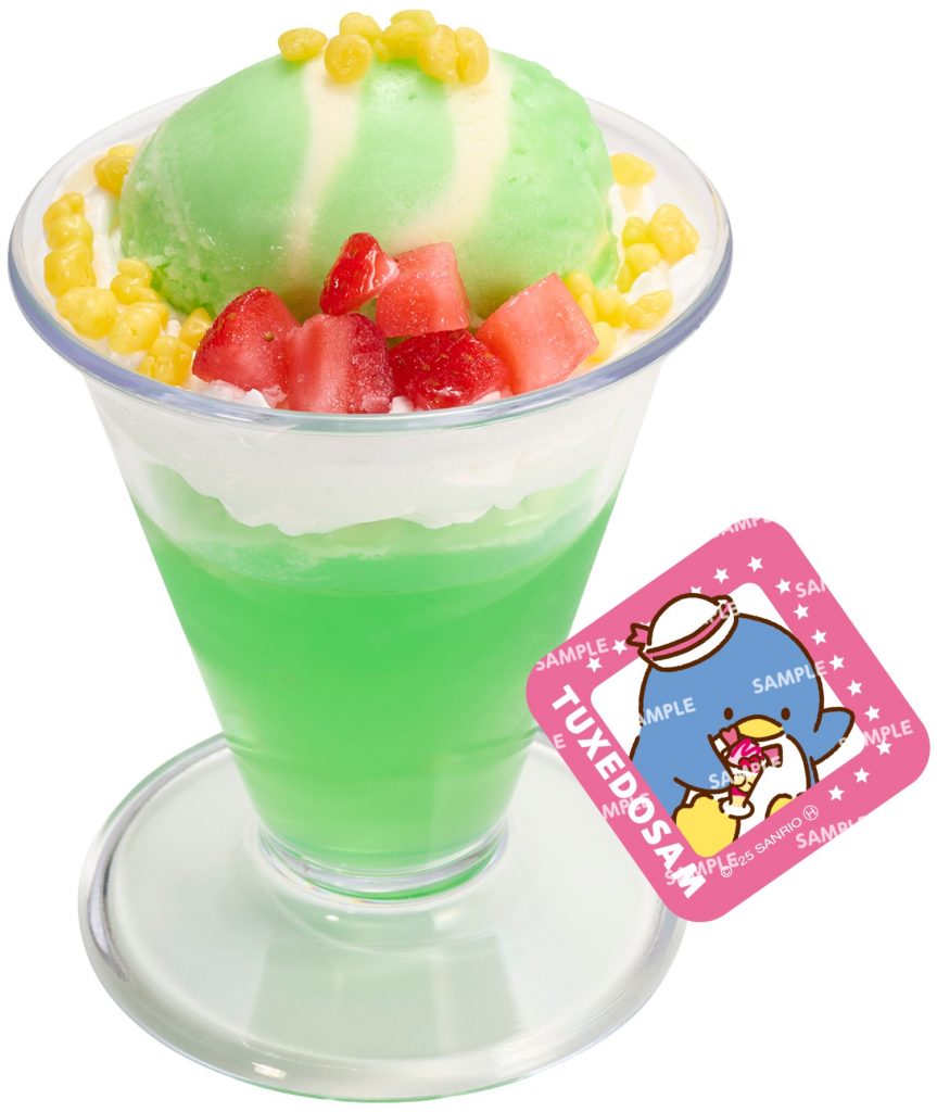 はじけるメロンソーダ風パフェ はぴだんぶいコラボ限定ステッカー付き(360円~) (C)2025 SANRIO CO., LTD. APPROVAL NO. L660170