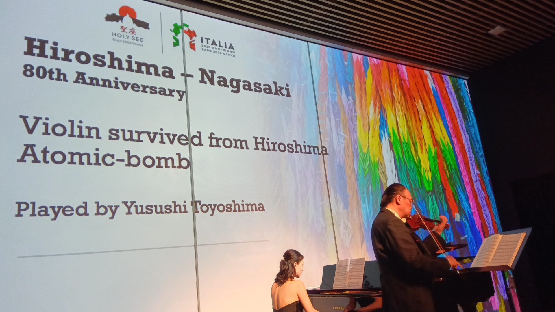 被爆ヴァイオリン」終戦80年、平和への響きイタリア館に 広島から長崎