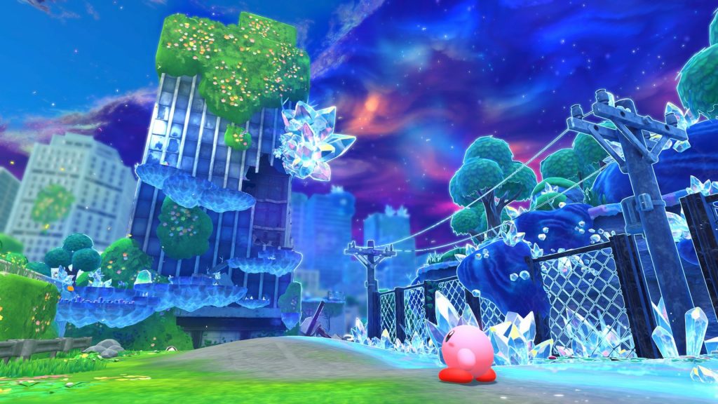 「スターリーワールド」ではゆらめくふしぎな空が新世界を覆い、キラキラの流星群が飛来する。　(C)Nintendo / HAL Laboratory, Inc.