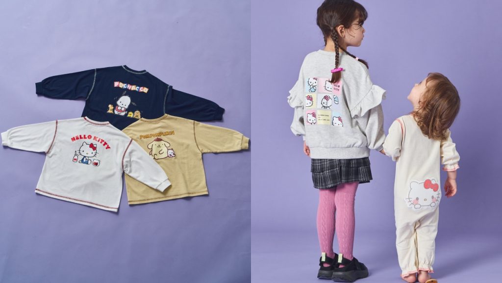 【PAIR MANON】ハローキティ・ポムポムプリン・ポチャッコ「ユニセックス バックプリント 長袖Tシャツ」（全3種　2000円）、ハローキティ・マイメロディ・クロミ「ガールズ フリル裏毛スウェット」（全3種　3000円）、ハローキティ・マイメロディ・クロミ「ぷっくりおしりワッペン ベビーロンパース」（全3種　2295円）