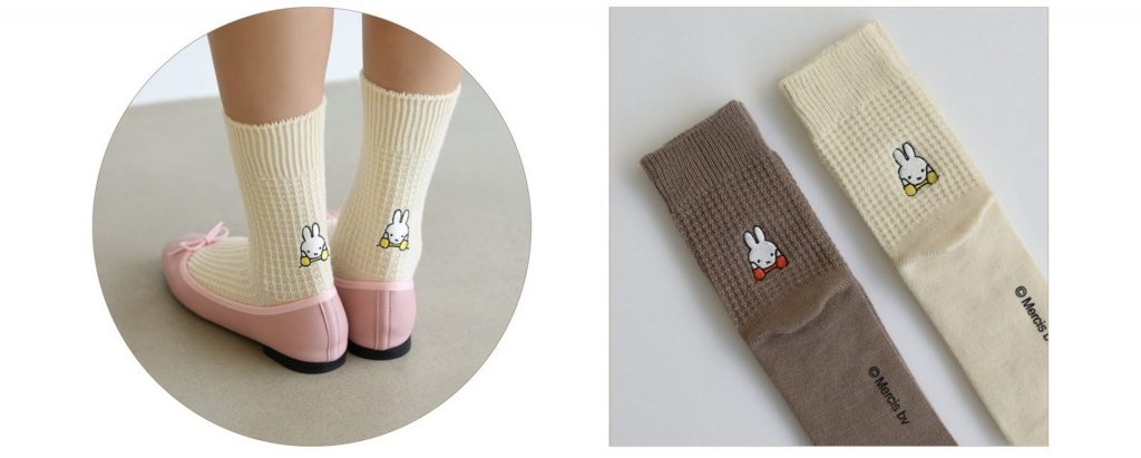 ミッフィーワッフル刺繍ソックス（カラー：キナリ、モカチャ　1870円）　Illustration Dick Bruna (C)copyright Mercis bv,1953-2016 www.miffy.com