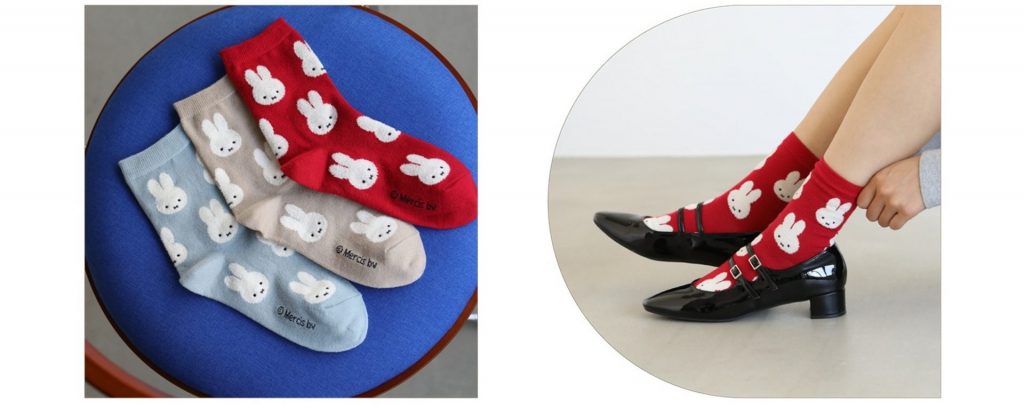 ミッフィーモール総柄ソックス（カラー：ベージュ、モカ、ミント　1760円）　Illustration Dick Bruna (C)copyright Mercis bv,1953-2016 www.miffy.com