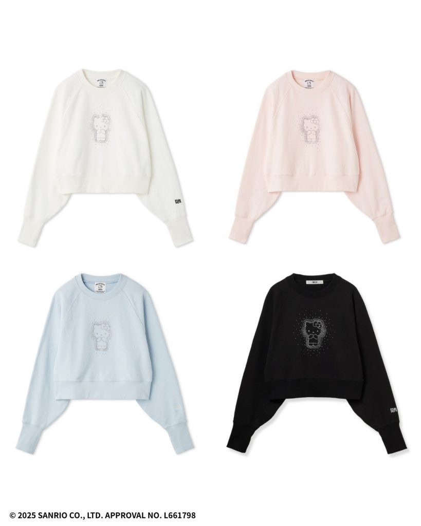 「HELLO KITTYクリスタルスウェット」（カラー：WHT,LPNK,SAX,オンライン・ルミネ新宿2店・ルミネ横浜店限定カラーBLK　1万5400円）