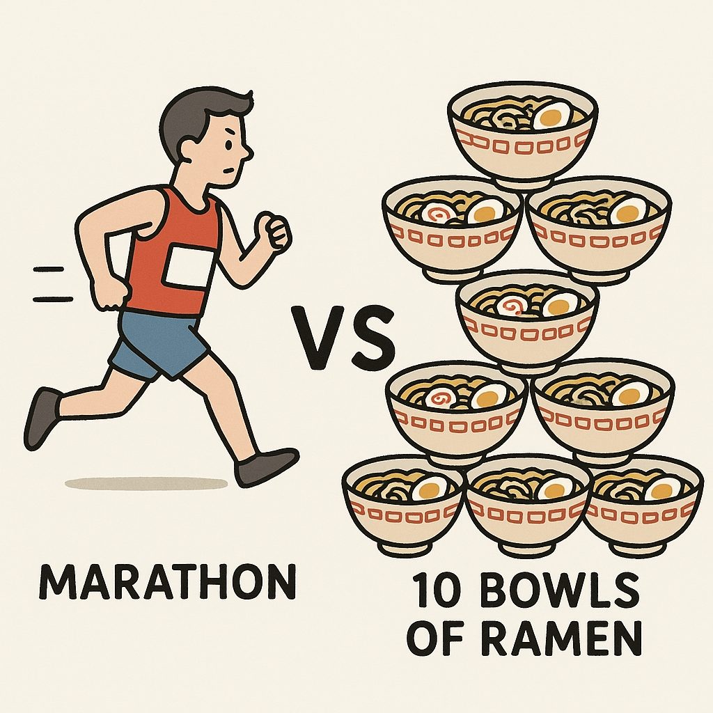 「フルマラソンを走る」or「ラーメン10杯を食べる」（※生成AIで作成）