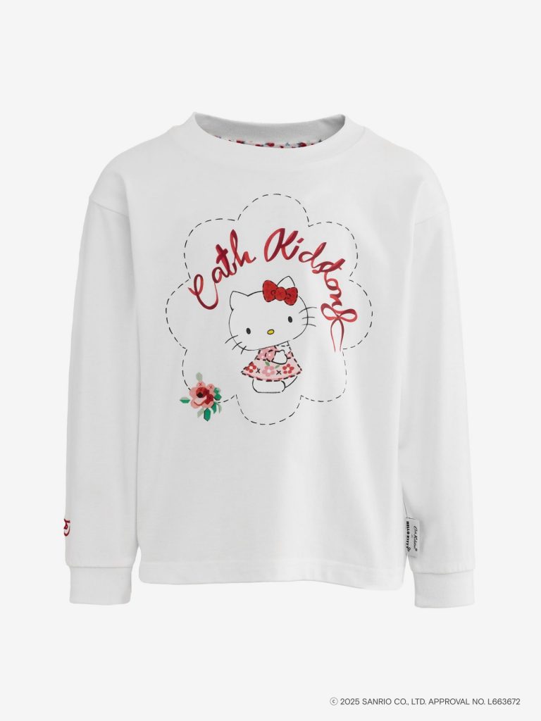 Cath Kidston × Hello Kitty キッズロングスリーブシャツ（ホワイト/ピンク 100/110/120/130 各7700円）
