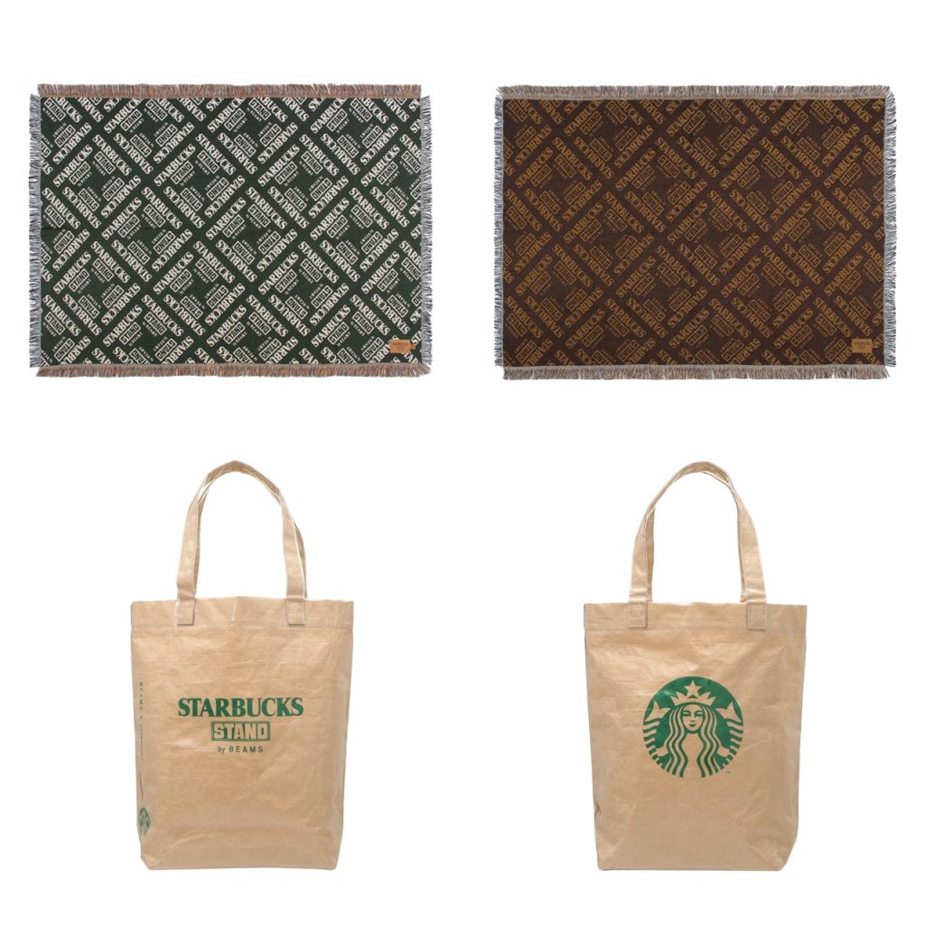 〈STARBUCKS STAND by BEAMS〉ジャカードスローケット（1万7600円）、LOGO PVC ショッパートート（1万1000円）
