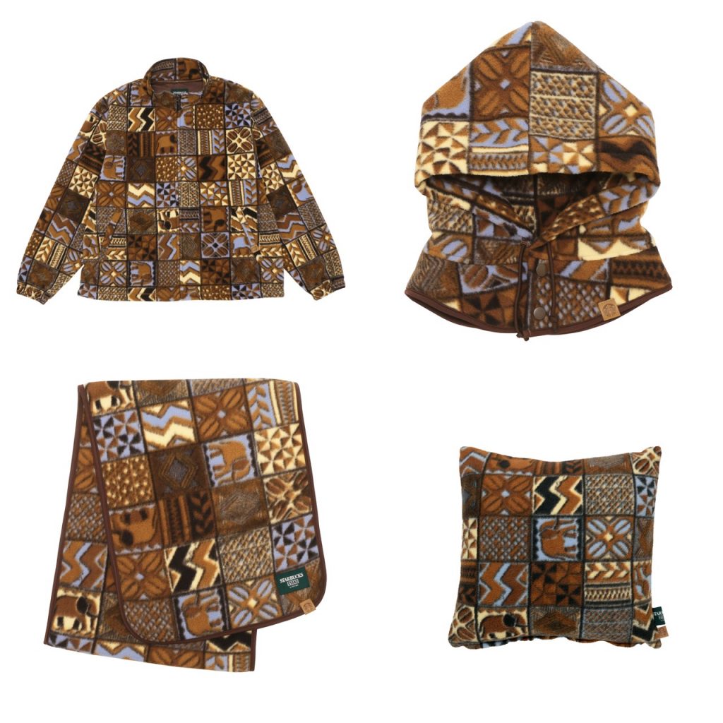 〈STARBUCKS STAND by BEAMS〉総柄プリントフリースジップブルゾン（3万800円）、総柄プリントフリースバラクラバ（1万2100円）、総柄プリントフリースマフラー（1万3200円）、総柄プリントフリースクッション（7150円）