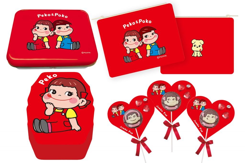 「ペコポコチョコ缶」（990円）、「ペコポコチョコポーチギフト」（1210円）、「ペコちゃんジャンボポップチョコ」（各500円）、「ペコちゃんハートクッキーBOX」（690円）