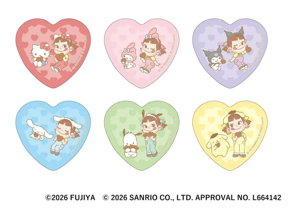 「PEKO×サンリオキャラクターズ トレーディングハート缶バッジ」(ランダム6種 550円)
