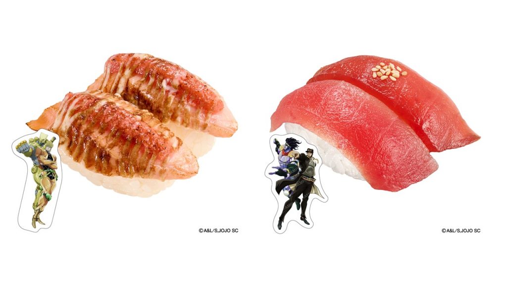「ジョジョの奇妙な冒険コラボ限定ピック付き サーモン明太子マヨ炙り」（260円～）、「ジョジョの奇妙な冒険コラボ限定ピック付き 厳選まぐろ赤身食べ比べ」（260円～）　(C)A&L/S,JOJO SC