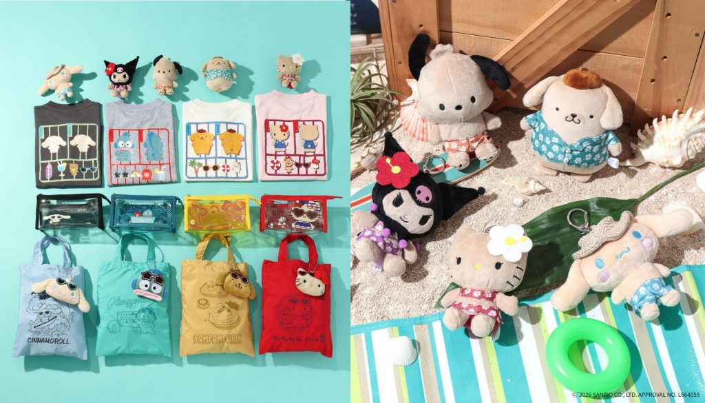 【BAYFLOW】サンリオキャラクターズ「ぬいぐるみチャーム」、「プリントTEE（KIDS）」、「ポケット付きクリアポーチ」、「フェイスチャーム付きエコバッグ」