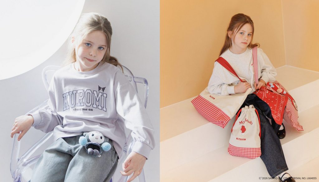 【GLOBAL WORK】 KIDS マイメロディ＆クロミ「アップリケT長袖」、「チアぬいチャーム」、「刺繍チュニック」、「横長トート」ほか