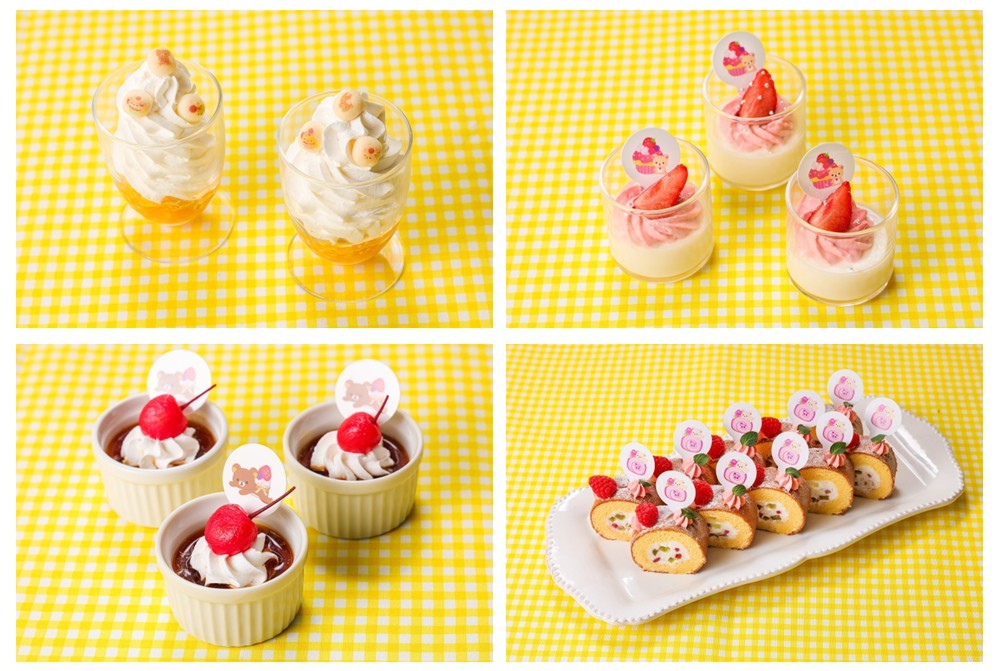 リラックマのマンゴーミニパフェ、コリラックマのおきにいりパンナコッタ、リラックマのだららんカスタードプリン、コリラックマの夢見るフルーツロール (C)2026 San-X Co., Ltd. All Rights Reserved.