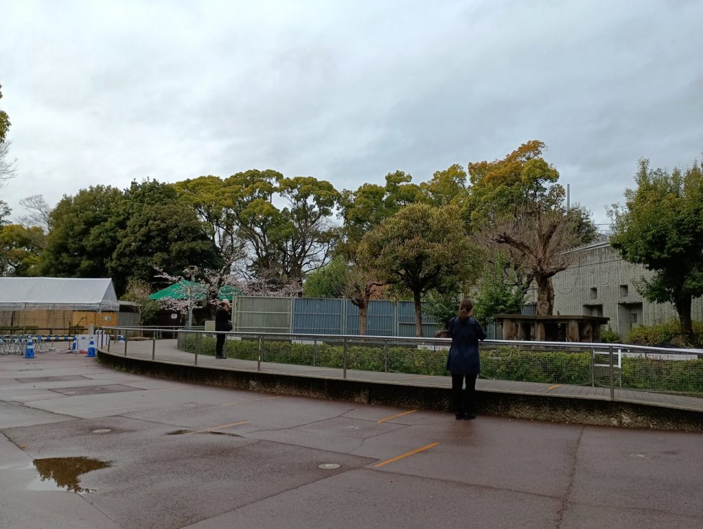 パンダ舎の前で手を合わせる人も