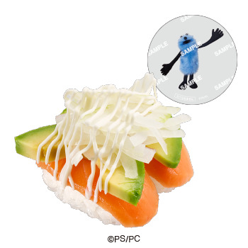 「パペットスンスンコラボ限定クリアピック付き サーモンアボカド」（250円～）　(C)PUPPET SUNSUN/PS committee