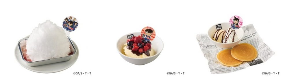 「名探偵コナン 綿あめ豚タレ焼肉」(638円)、「コナンの探偵スペシャルアイス」(418円)、「蘭のふんわりチョコプチパンケーキ」(528円)