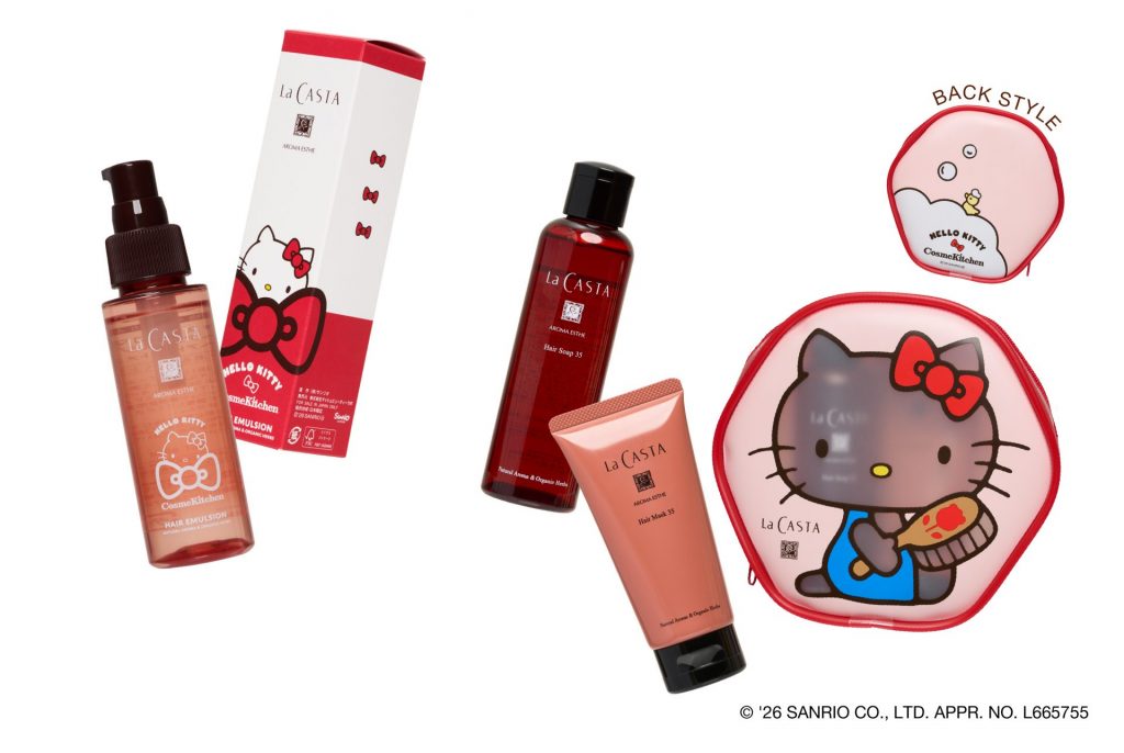 FEMMUE「＜HELLO KITTY＞アロマエステ ヘアエマルジョン 80mL」（3410円）、「＜HELLO KITTY＞ヘアケア トライアル35」（2970円）