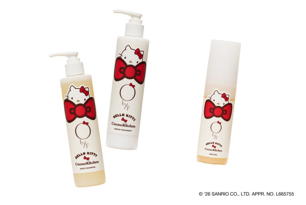 ObyF「＜HELLO KITTY＞モイストシャンプー 250mL」（3080円）、「＜HELLO KITTY＞リペアトリートメント 250g」（3630円）、「＜HELLO KITTY＞リッチオイル 80mL」（3410円）