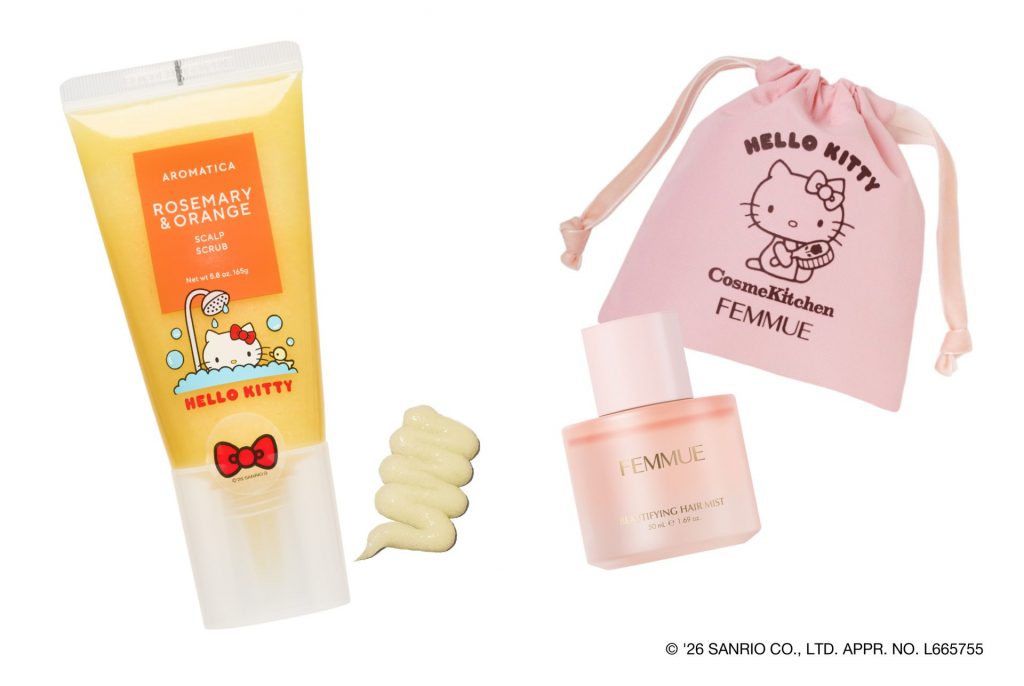 AROMATICA「＜HELLO KITTY＞ローズマリー＆オレンジスカルプ スクラブ」（2310円）、「＜HELLO KITTY＞ビューティファイング ヘアミスト」（4950円）
