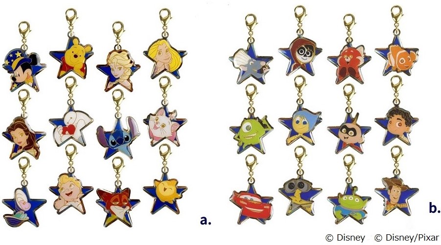 「スターチャームコレクション a.ディズニー b.ピクサー」（それぞれ全12種 各990円）