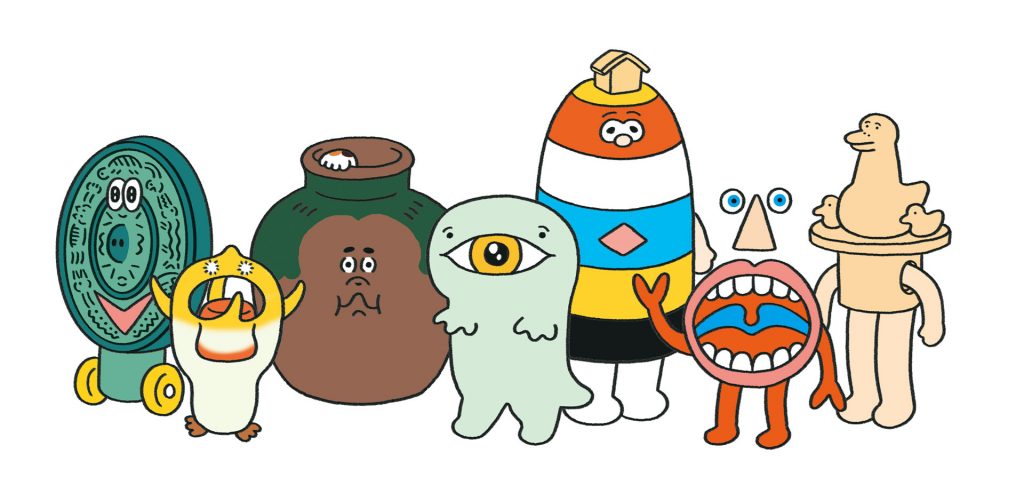 名前募集中のキャラ達　　左から：県立考古博物館加西分館　古代鏡展示館、県立人と自然の博物館、兵庫陶芸美術館、県立美術館、県立歴史博物館、横尾忠則現代美術館、県立考古博物館　　画像提供：兵庫県立美術館
