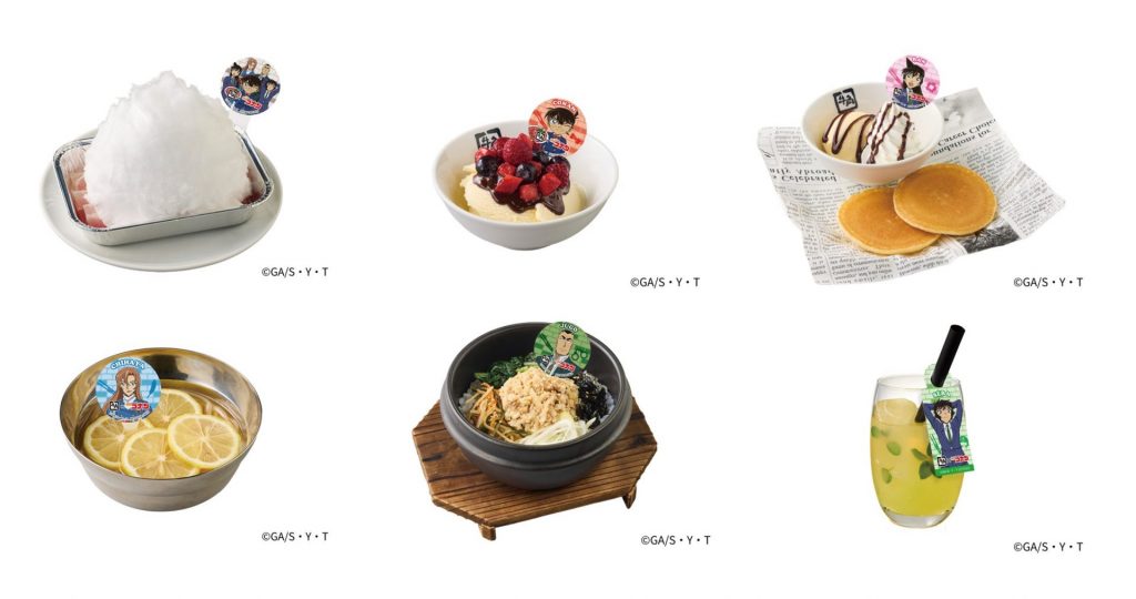 「名探偵コナン 綿あめ豚タレ焼肉」（638円）、「コナンの探偵スペシャルアイス」（418円）、「蘭のふんわりチョコプチパンケーキ」（528円）、「千速のレモン香るさわやか冷麺（ハーフ）」（550円）、「重悟の石焼和風ビビンバ」（825円）、「世良のクラッシュゼリードリンク（りんご味）」（385円）
