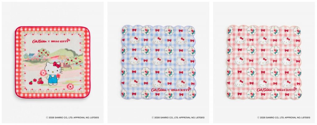 Cath Kidston × Hello Kitty「タオルハンカチ」（1540円）、「スカラップタオルハンカチ Sax / Pink」（Sax / Pink・2200円）
