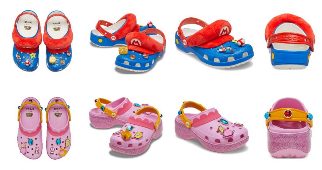 「マリオ クラシック クロッグ」(9900円)、「プリンセスピーチ クラシック プラットフォーム クロッグ」(1万1000円) (C)Nintendo
