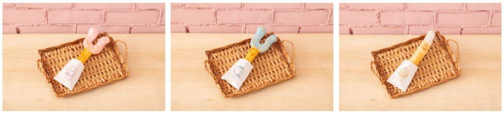 「さすまたスティックパイ(ちいかわ)」(550円)、「さすまたスティックパイ(ハチワレ)」(550円)、「討伐棒チーズパン」(550円) (C) nagano