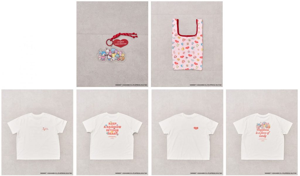 SWIMMER×Sanrio characters Series「集合ビッグサイズアクキーチャーム」(2000円)、「サンリオキャラクターズ集合エコバッグ」(2490円)、「ステッカー風デザインTシャツ」(3490円)、「集合バックプリントTシャツ」(3490円)