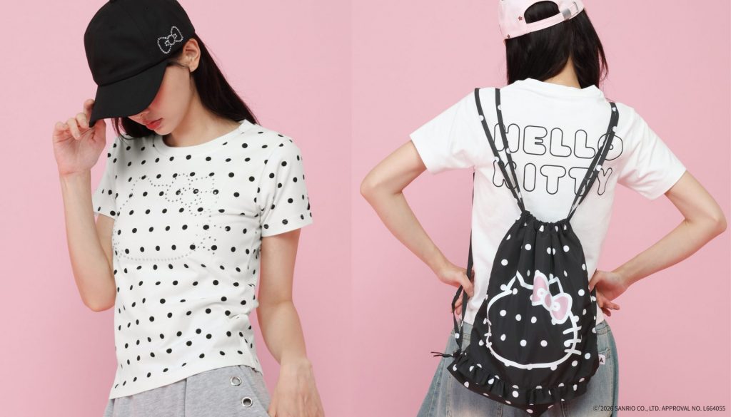 【ALAND】ハローキティ「ラインストーンリボンキャップ」（全2種 4990円）、「ラインストーンチビTシャツ」（全2種 5590円）、「AロゴTシャツ S・L」（全2色 4990円）、「ドットナップサック」（3990円）