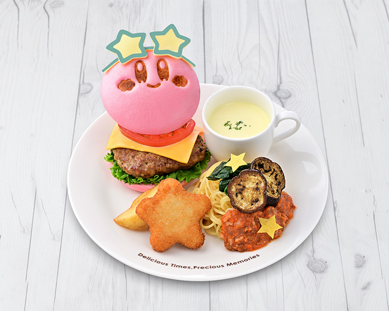 「夏のカービィバーガー＆ミートパスタ」（スーベニアプレート付き3630円・なし2530円）　(C)Nintendo / HAL Laboratory, Inc.