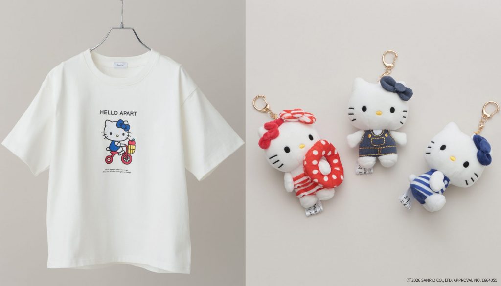 【A part by】ハローキティ「プリントTシャツ」（全2種 6600円）、「アソートチャーム」（全3種 2200円） (C)'2026 SANRIO CO., LTD. APPROVAL NO. L664055
