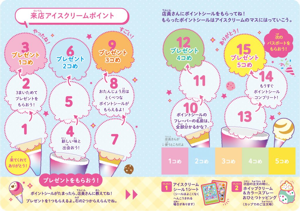 ポイントシールを集めるとオリジナルシールやトッピングがもらえる